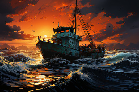 渔船在海上航行图片