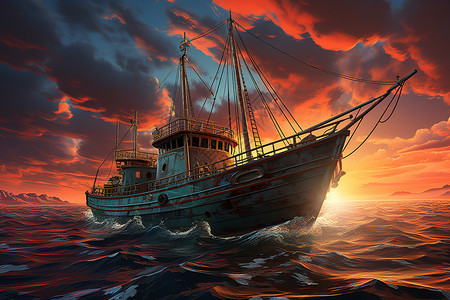 日落渔船图片