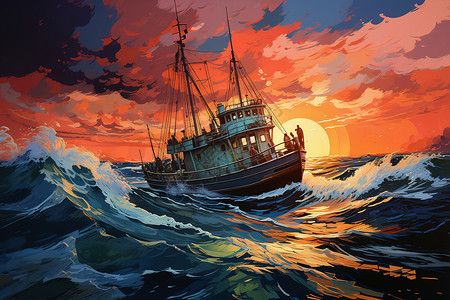 捕鱼船海上的波浪插画