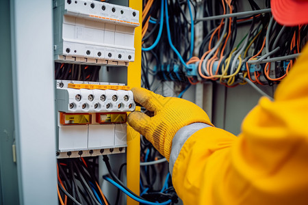 安全常在电工在电线开关箱上工作背景