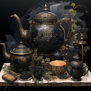 黑色的华丽茶壶图片
