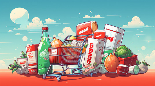 超市年货卡通卡通购物车及饮品插画