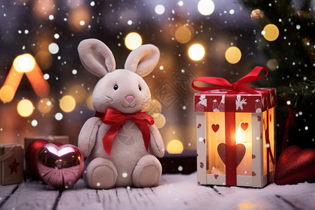 毛绒兔子坐在礼品盒旁边背景图片