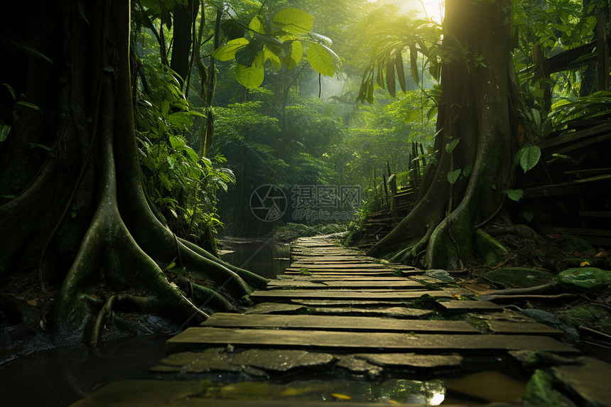 雨林中的石桥图片