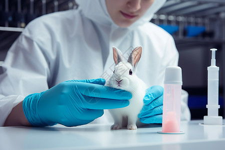 实验人员抱着一只兔子图片