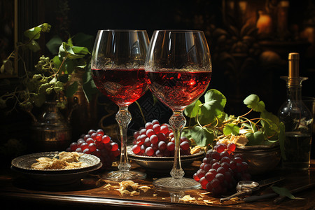 装了红酒的酒杯和葡萄背景图片