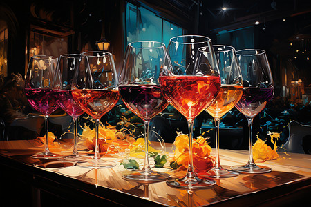 杯子装蔬果饮料装了各种酒的酒杯插画