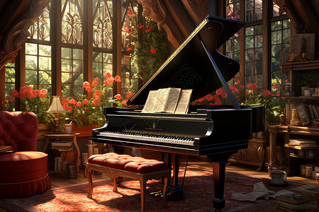 钢琴花素材有许多花的琴房背景