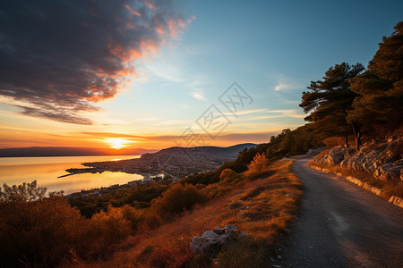 山间晚霞黄昏时的山间小路背景