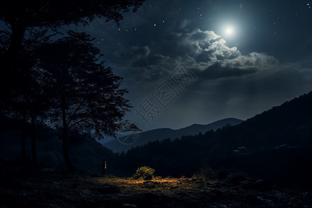 月光下看书的人月光下的山中景色背景
