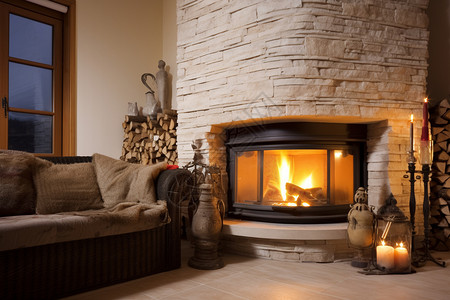 温暖的炉火木材壁炉架高清图片