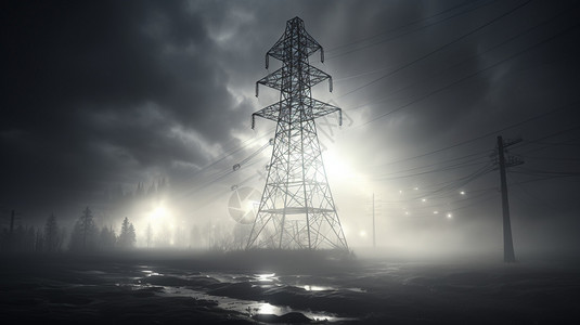雾中水塔现代的电网塔插画