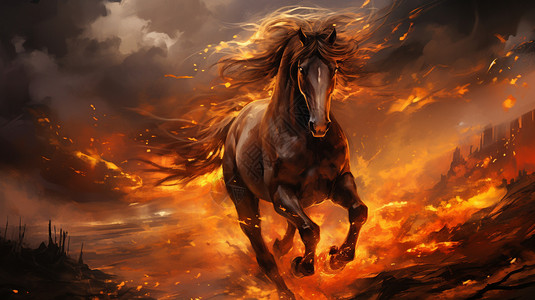马在飞在火场上奔跑的马插画