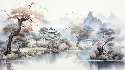 漂亮的山水中国画背景图片