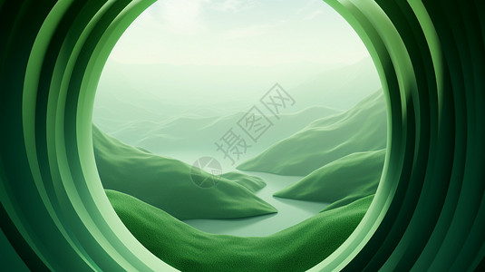 圆形隧道圆形镜头里的山水插画