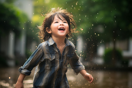 雨中奔跑的孩子欢乐雨中的女孩背景