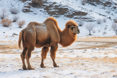 两个驼峰骆驼草原上的霜冻骆驼背景
