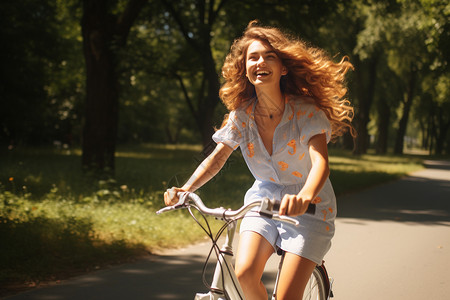 自行车夏日少女在夏日公园背景