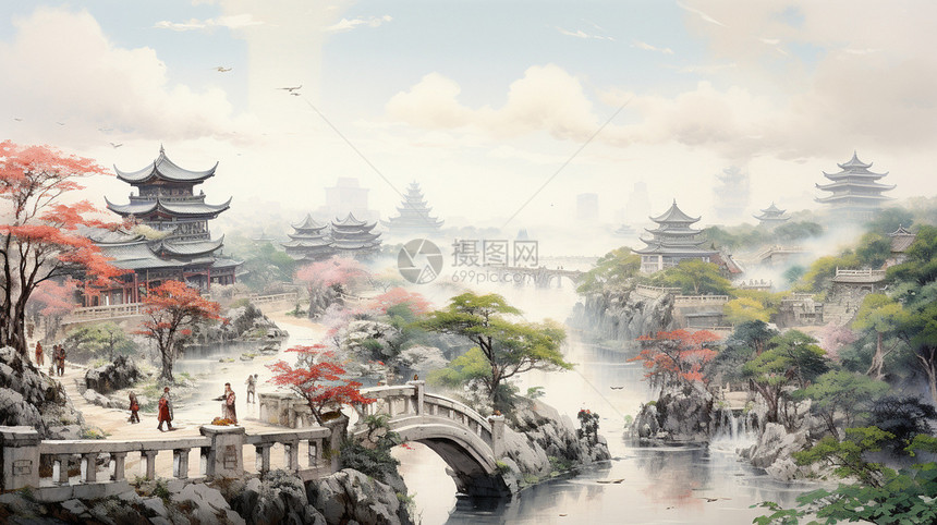 中国庭院里的石桥图片