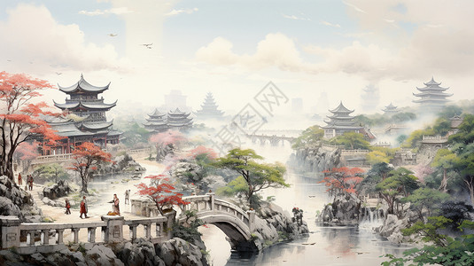中国庭院里的石桥背景图片