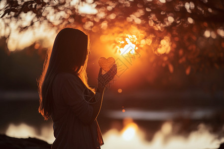 心形树木湖边夕阳下的女子背景
