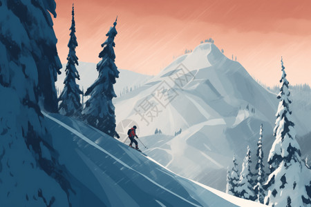 极端滑雪者在斜坡上冲锋插画