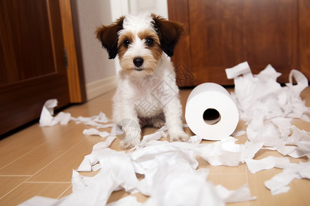 宠物小狗撕碎卷纸图片