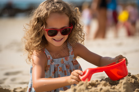 海滩玩沙子的女孩高清图片
