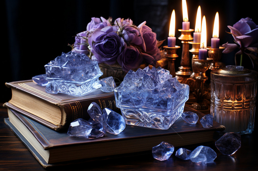 水晶簇和蜡烛图片
