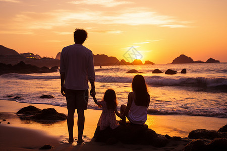 一家人在海滩上迎着日落，水波荡漾。图片