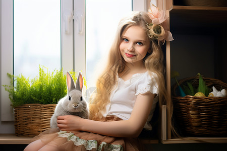 少女与兔子共窗台图片