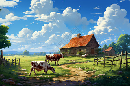 牧场围栏农场的奶牛插画