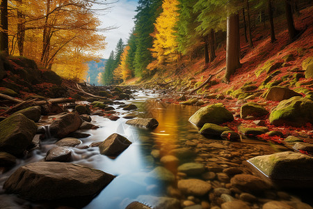 秋日里的森林溪流图片