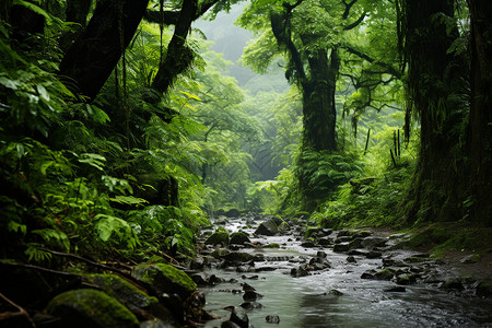 绿色森林中的溪流高清图片