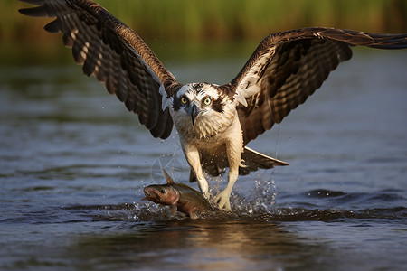 鱼鹰捕鱼水中狩猎的大鸟背景