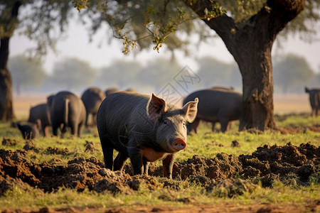 田园风光中的一只胖猪背景