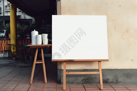 咖啡馆招牌白板与木桌背景