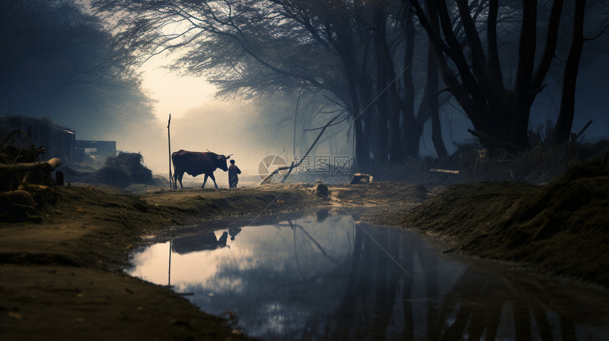 黄昏放牛的人图片