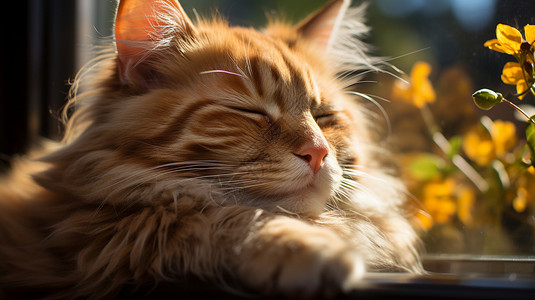 黄色猫咪睡觉躺在窗台上的橙色虎斑猫抬头背景