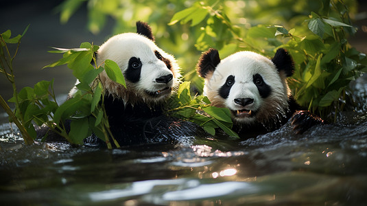 国宝大熊猫在竹溪玩水，细节分明，漂亮又绿背景图片