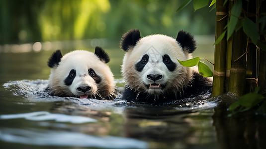 两只绿国宝大熊猫在竹溪玩水，细节分明，漂亮又绿背景
