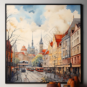 油画里的繁荣城市背景图片