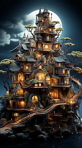 魔幻岛月光下的建筑插画