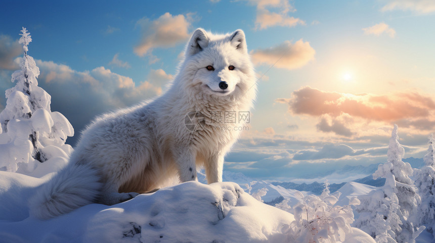 白狐在雪山上图片