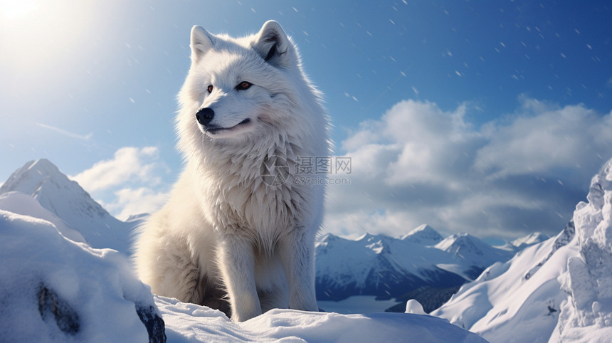 坐在雪山上的白狐图片