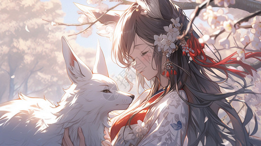 可爱的少女和白狐背景图片