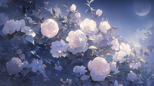 一束白玫瑰月光下的玫瑰插画