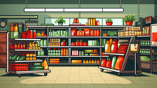超市内部超市购物商品插画