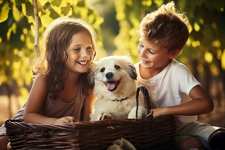 快乐小孩与宠物狗图片