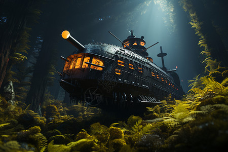 海藻森林海底的潜水艇设计图片